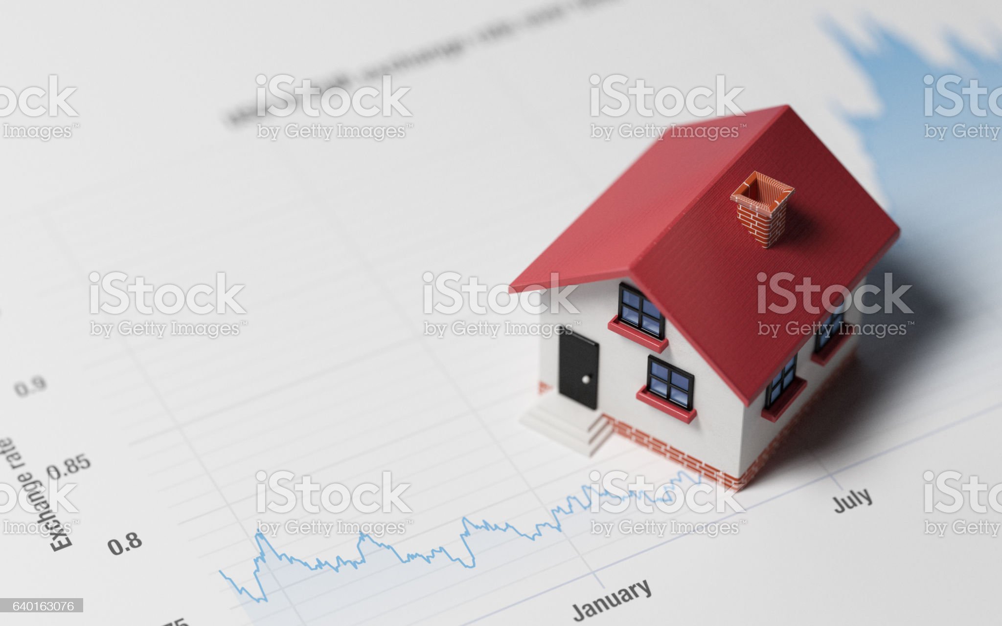 High quality 3d render of a miniature house on a blue financial chart. Housing market concept. Miniature house is lit by the upper left corner of composition. Horizontal composition with copy space. Great use for real estate and morgage related concepts.